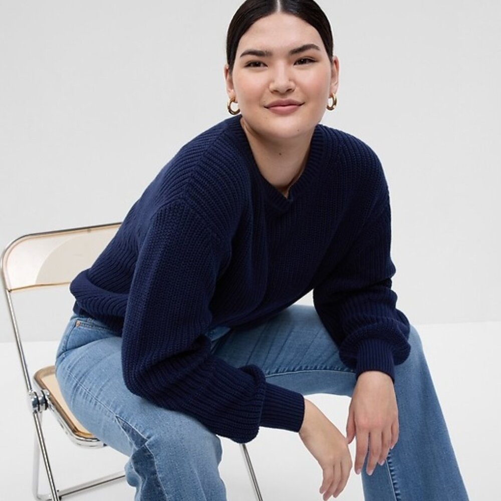 GAP Shaker Stitch Navy Blue 100% Cotton Crew Neck Sweater Chunky Knit Size Small